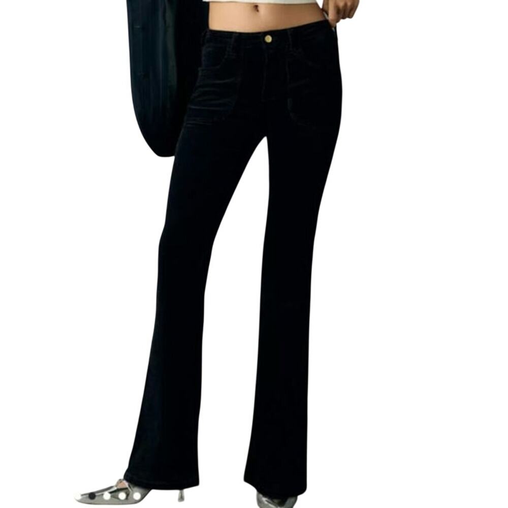 Pilcro The Icon Low-Rise Corduroy Chop Pocket Flare Jean Black Boho Chic